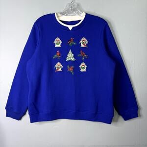 Christmas Cardinal Appliqued Embroidered Rhinestone Royal Blue Sweatshirt Size L
